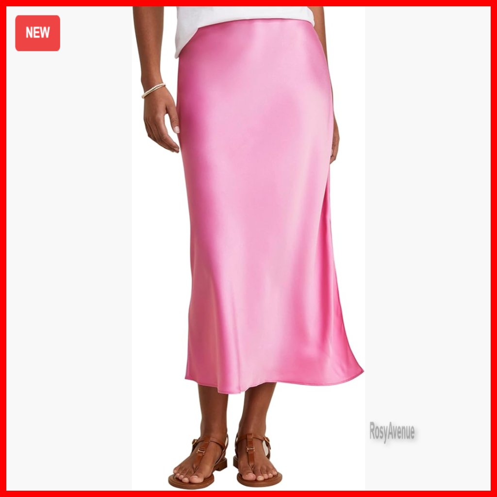Satin Midi Skirt Elastic Waist Pull-On Fall Dance Wedding